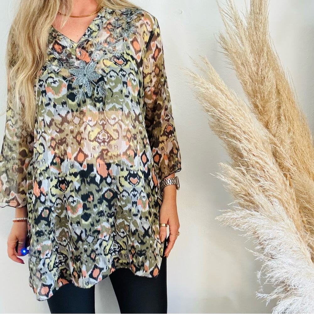 VINTAGE RIMA Beige Cream Olive Pink Sheer Ikat Print Blouse Tunic Shirt Top L XL
